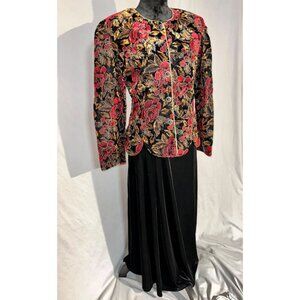 Vintage Velvet Flowered Jacket and Black Velvet Maxi Skirt, 2 pc by R&K Evenings